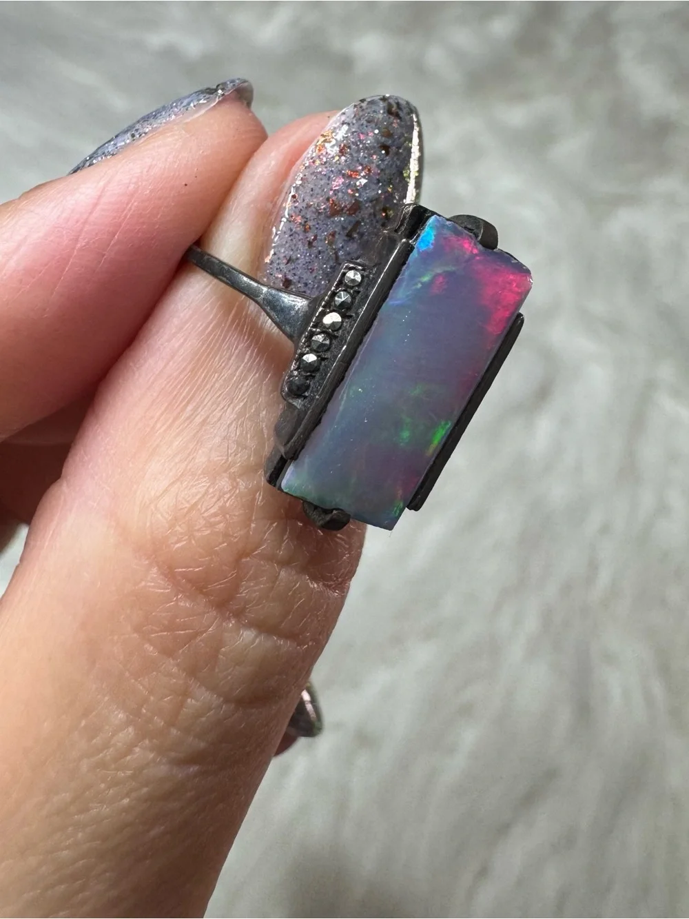 Sterling Silver Opal Rectangular Ring - Iridescent Blue-Green
